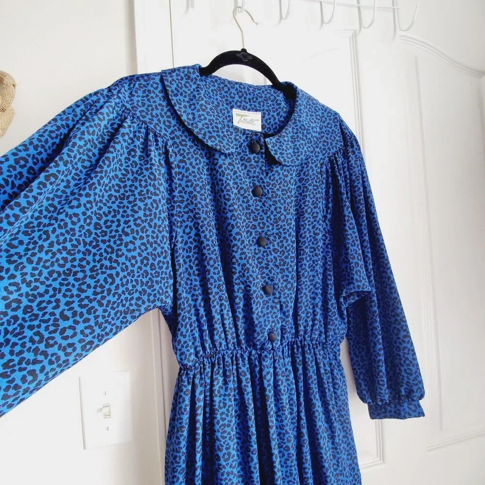 Vintage Tribute Blue Animal Print Dress Elastic Waist Long Sleeve Size M GUC - Picture 6 of 14
